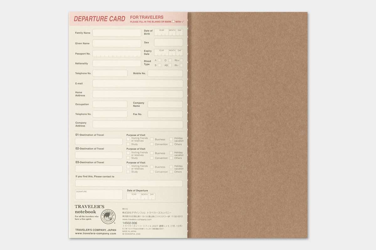 Traveler's Company | 2027 Diary Standard Weekly + Memo | Horizontal | Pre Order | Shipping Oct 19
