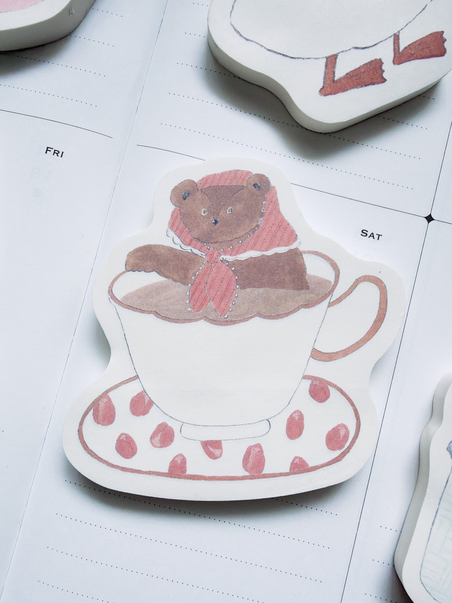 Papier Platz x Shoichiro Tobimatsu | Pink Bear &amp; Tea Cup Die Cut Sticky Notes | 61-504