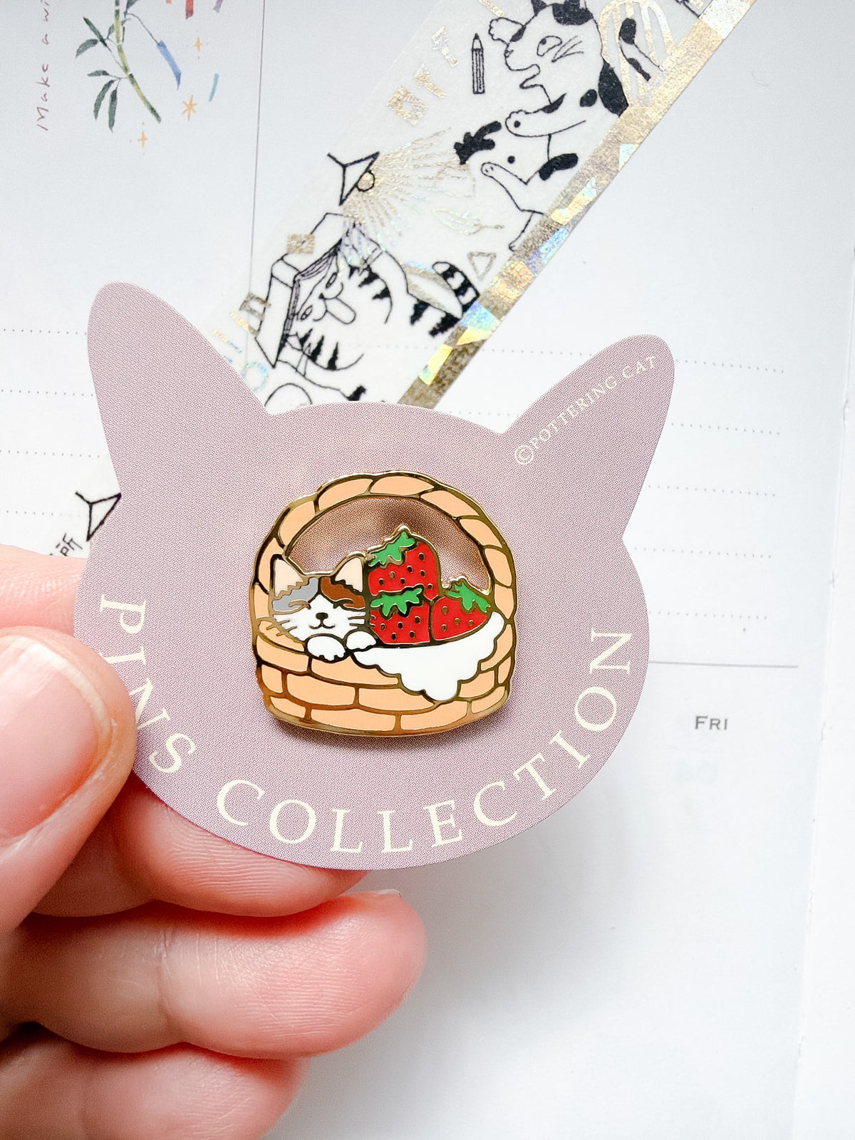 Pottering Cat | Strawberry Basket Enamel Pin | PZ-058
