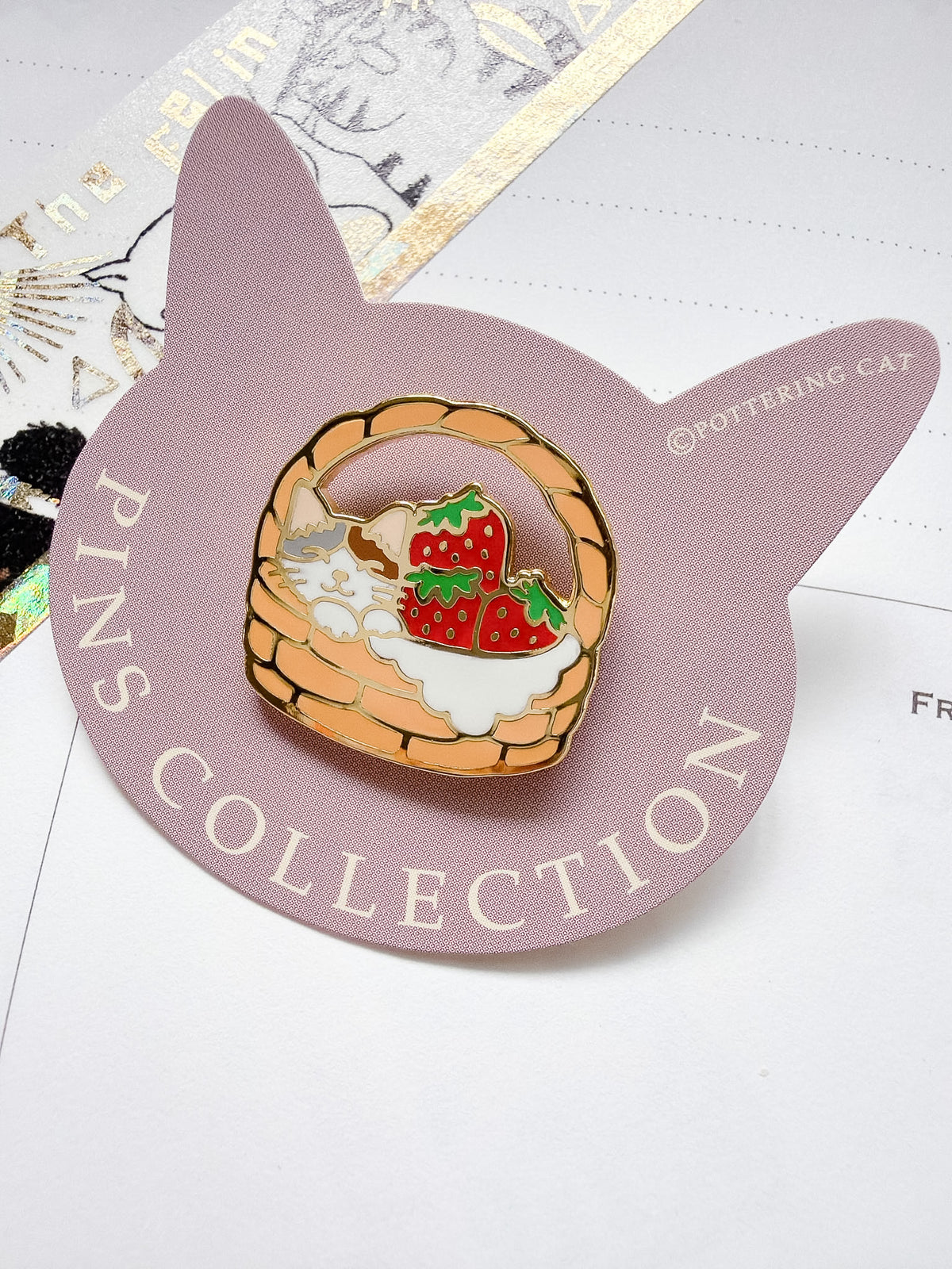 Pottering Cat | Strawberry Basket Enamel Pin | PZ-058