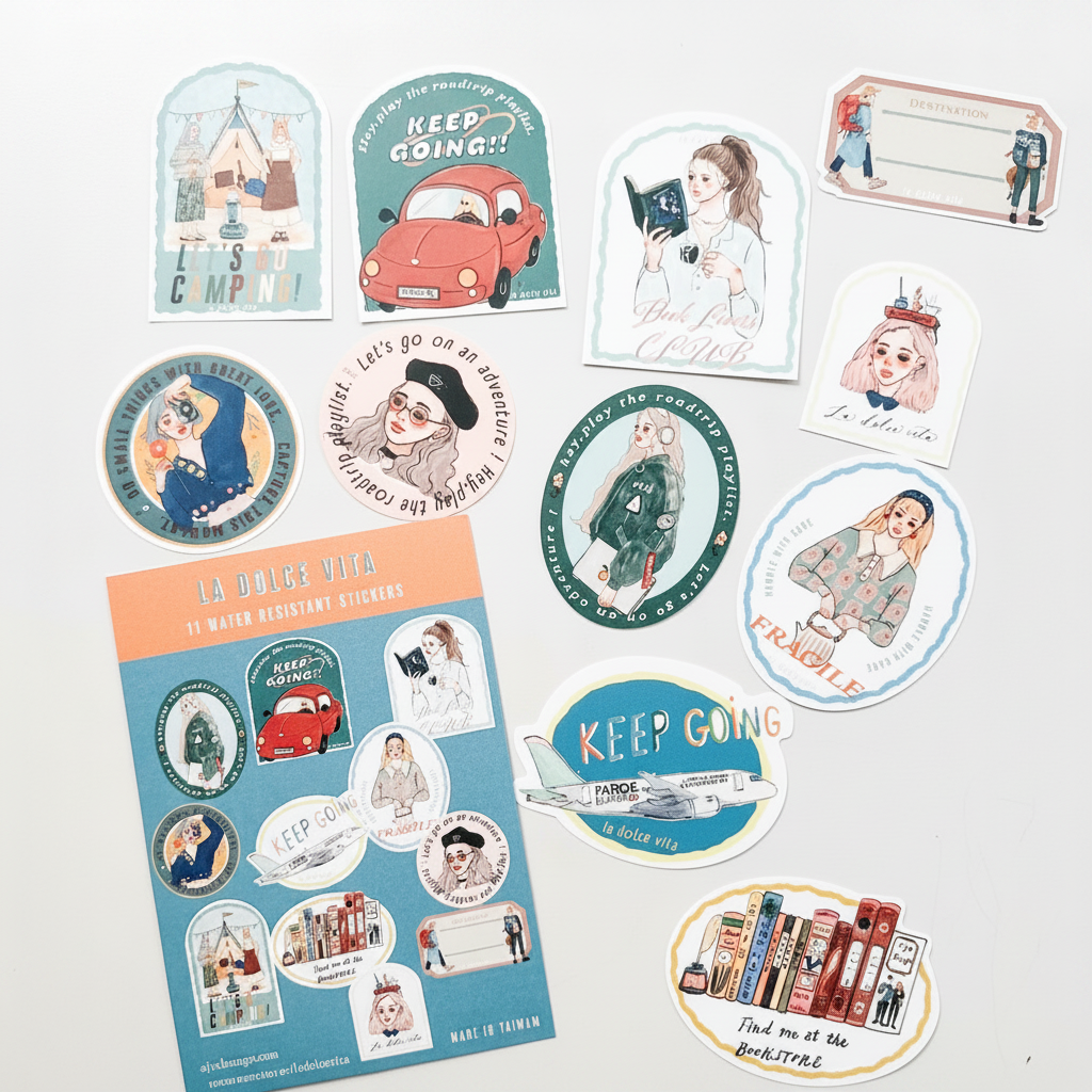 A sheet of water-resistant stickers featuring various illustrated designs, including a red car, a woman with a camera, a dog in a hat, a woman with a book, and travel-themed graphics, displayed on a light gray background.