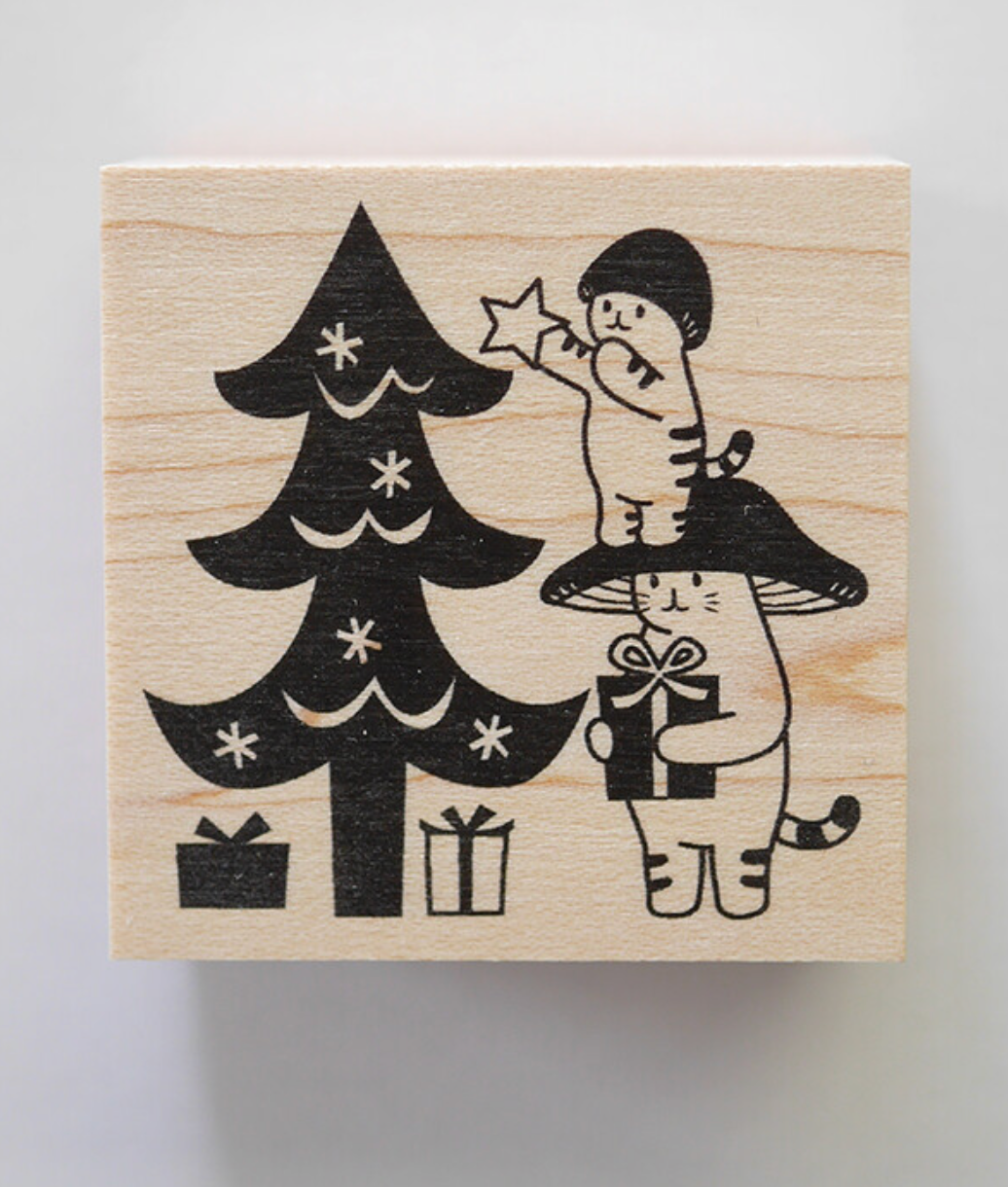Mushroom Cat Merry Christmas Rubber Stamp