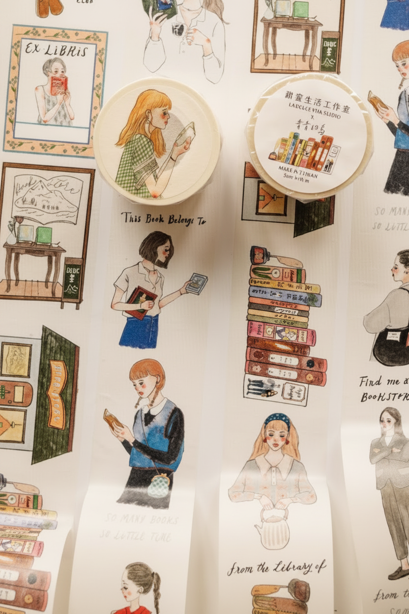 A close-up of decorative tape rolls and strips featuring illustrated library and book-themed scenes on a white background.