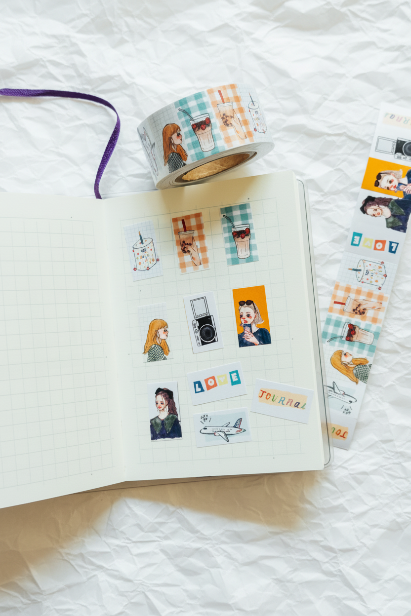 A roll of decorative washi tape and matching printed strips displayed on an open grid notebook. The tape features illustrated portraits, small photos, plaid patterns, and text labels in soft pastel tones.
