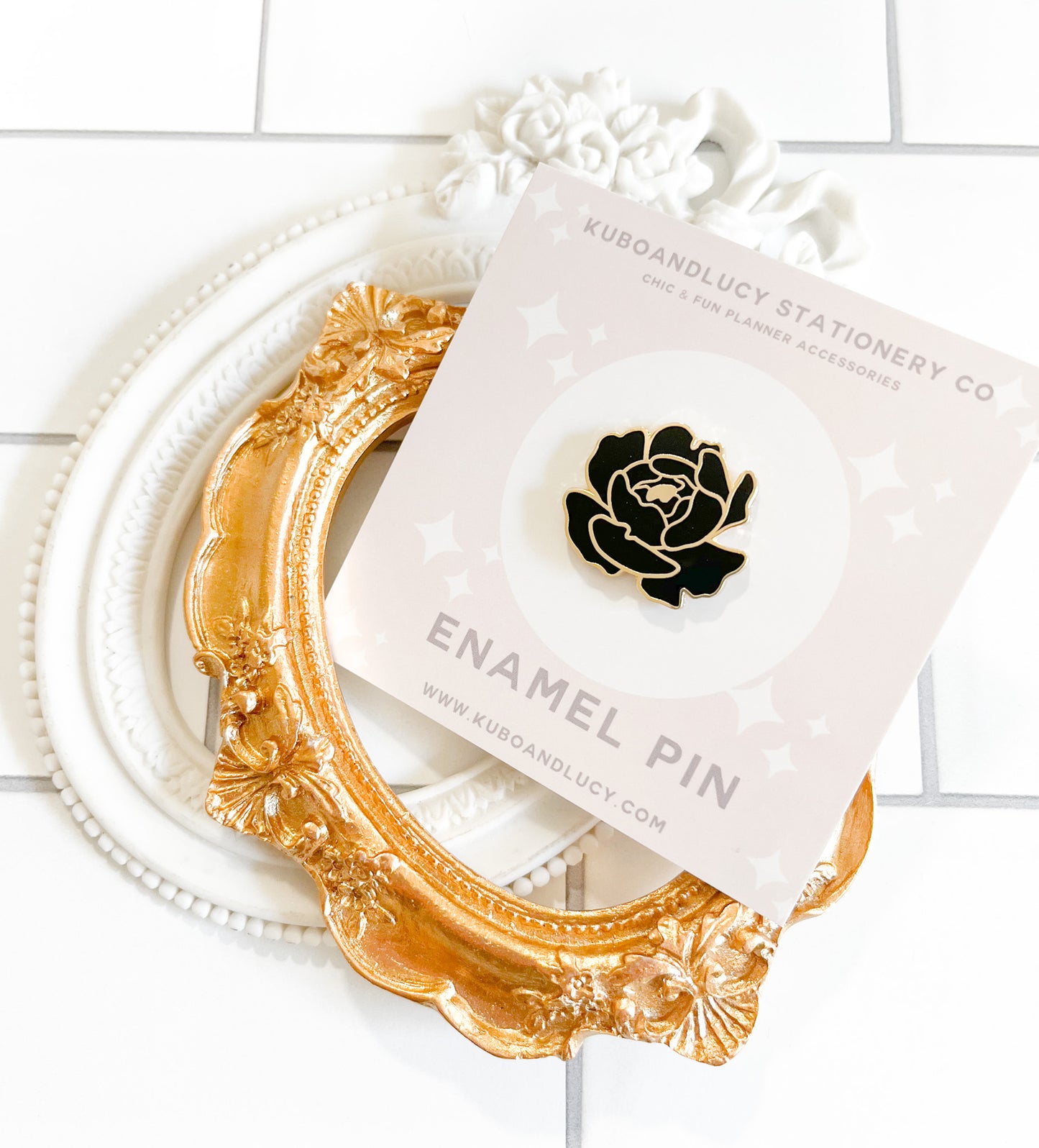 Black & Gold Peony Enamel Pin